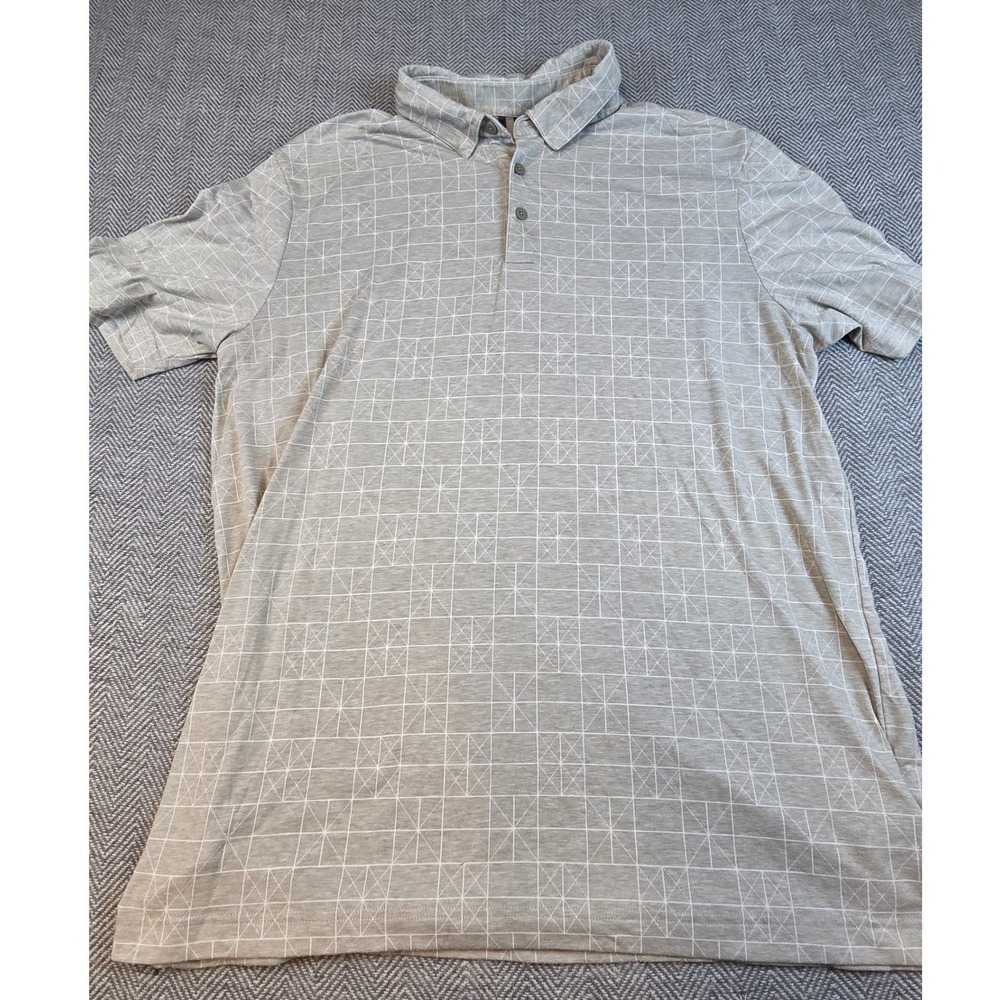 Adidas Mens Large Grey White Geometric Grid Short Sleeve Golf Polo Shirt